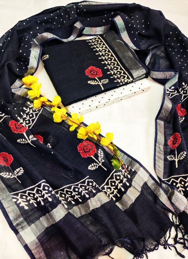 Linen Cotton Black Casual Wear Bagru Print Dress Material